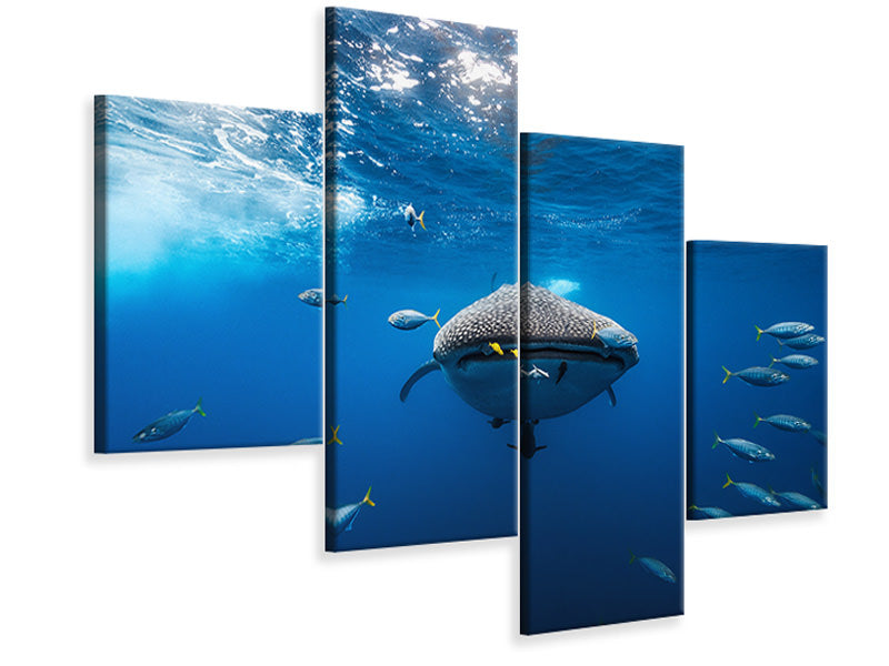 modern-4-piece-canvas-print-whale-shark-escorted-by-a-school-of-bonito