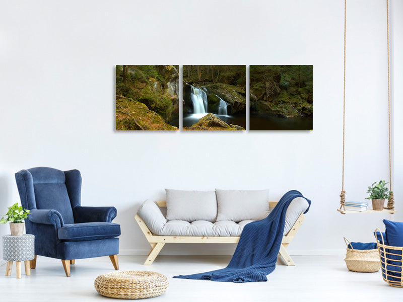panoramic-3-piece-canvas-print-small-waterfall-in-the-forest